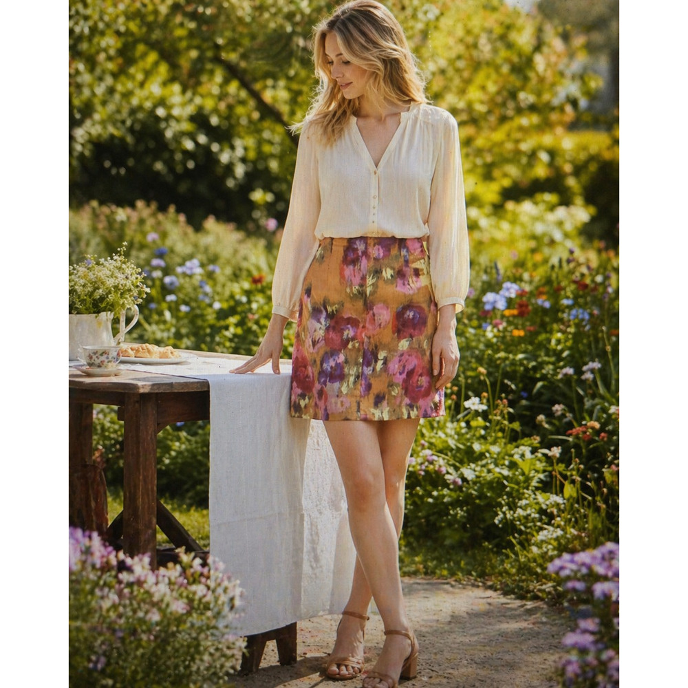 J Crew Watercolor Floral Mini Skirt Size 4 Boho Cotton Stretch Pockets Zip Back